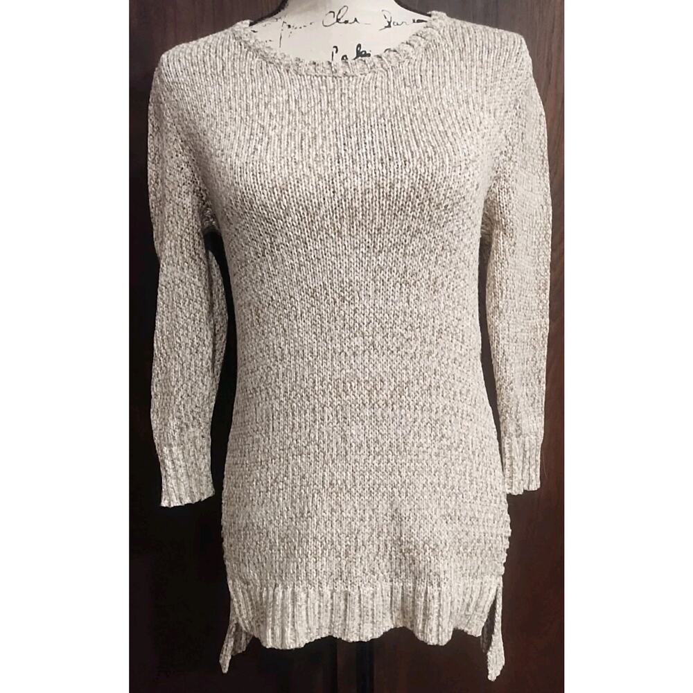 LL Bean Long Oatmeal Neutral Knit Sweater Women’s Small Cotton Side Slit Tunic